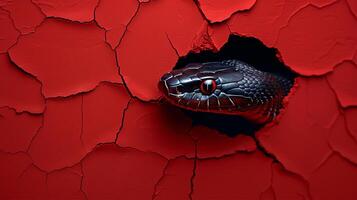 A snake carefully crawls out of a hole in a red textured wall, creating a striking contrast between the reptile and the background.copy space.symbol of the year photo