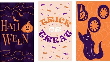 set of halloween backgrounds, for web, for stories Instagram and social media, for invitations, for print, for card, for kids, illustration, three backgraunds, trick or treat, orange and violet vector