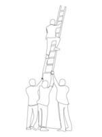 One continuous line drawing of team members support their leader to climb the ladder to reach the success. vector