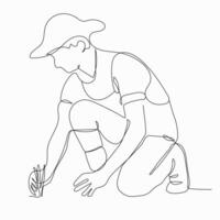 Continuous single one line art drawing of man planting and farming seed plan tree. vector