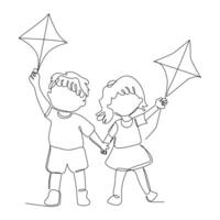 Continuous one line art of kids couple with kite flying vector