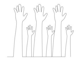 Hands raised up one line continuous drawing, Teamwork, Collaboration, Classroom, Diversity. vector