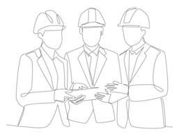 One continuous line drawing of young construction coordinator discussing construction design plan to team member, Single line draw design graphic illustration. vector
