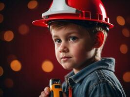Cute little builder with drill on red background. photo