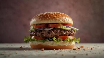 Deconstructed burger layers floating on soft pastel background with space for text. photo