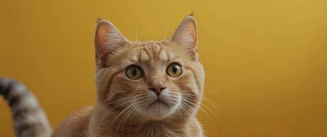 Cute banner with a cat looking up on solid yellow background. photo