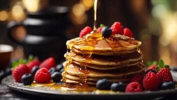 Delectable pancakes stack with fresh assorted berries and honey drizzle on plate. photo