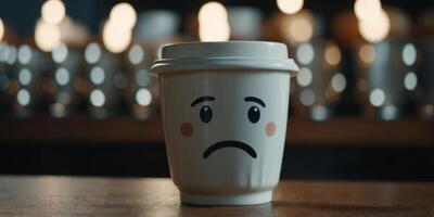 Coffee cup with a drawn sad face, tableware expressing emotion through dishware. photo