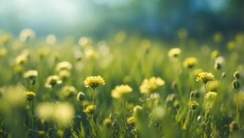 Defocused sunny spring meadow with blurred bokeh, gradient from blue sky to green grass. photo