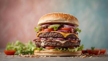 Deconstructed burger layers on pastel background with copy space for text placement. photo