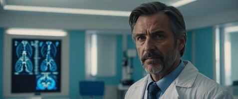 Doctor man over blue hospital background. photo