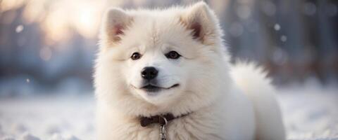 Cute samoyed puppy sitting in snow with playful, mischievous expression in its eyes. photo