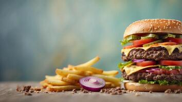 Deconstructed burger layers on pastel background with copy space for text placement. photo
