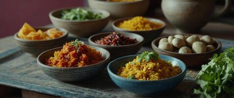 Display of deliscious, vegetarian, ayurvedic food for d-tox, balanche and health, natural light. photo