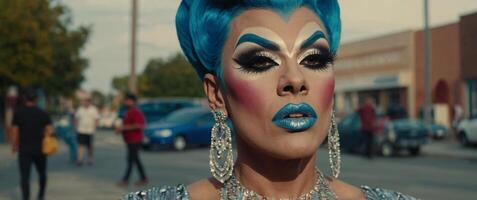 Drag queen person wearing heavy extravagant makeup. photo