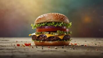 Deconstructed burger layers floating on soft pastel background with space for text. photo