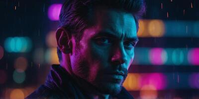 Double exposure of a man's face with a vibrant cityscape at night, blending urban neon lights and intense expression. photo