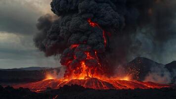 Dramatic explosion with dark smoke and glowing red lava The intense scene highlights the destructive power and fiery energy of volcanic activity. photo