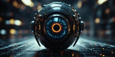 Cybernetic eye in futuristic digital environment hacker or robot vision in dark tech space. photo