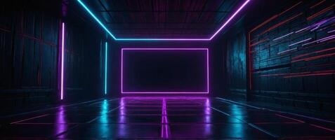 Dark abstract neon background Empty night neon scene with rays of light, disco background, spotlights. photo
