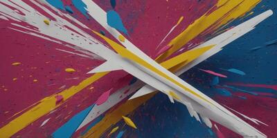 Dynamic abstract composition Bold white arrows pointing in various directions on a splattered backdrop of pink, yellow, and blue. photo