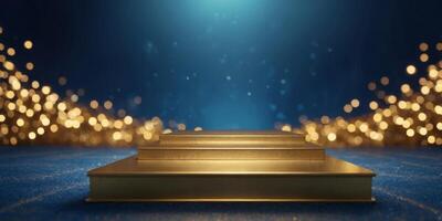 Empty golden podium on a blue background illuminated by soft bokeh lights, creating a serene and prestigious display or event backdrop. photo