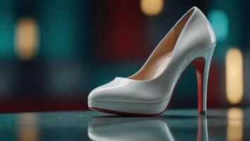 Elegant white high heel shoe with a striking red sole on a glossy reflective surface and turquoise background. photo