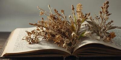 Dry plants on the book A book with a herbarium and description. photo
