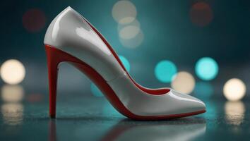 Elegant white high heel shoe with a striking red sole on a glossy reflective surface and turquoise background. photo