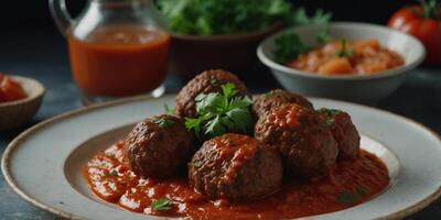 Egyptian Kofta with Tomato Sauce, fresh foods in minimal style. photo