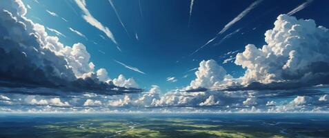 Expansive anime-style sky with dynamic, fluffy clouds and streams of sunlight, in shades of deep blue and white. photo