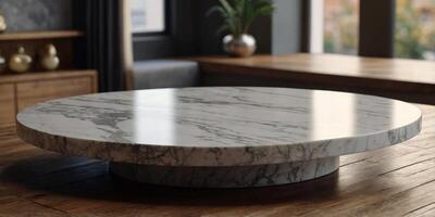 Empty round marble table top on wooden table over blurred background, product display mockup. photo