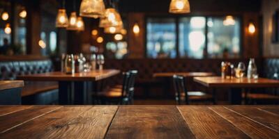 Empty Wooden Table on Blurred Restaurant Background - Top Table View with Copy Space. photo