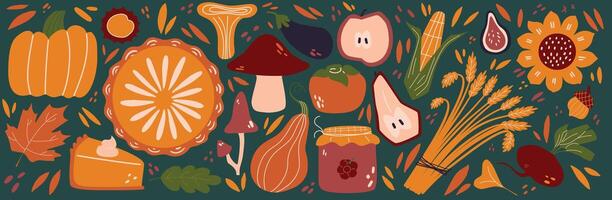 Set of autumn harvest. Fall crops. Background of autumn plants, vegetables and mushroom. vector