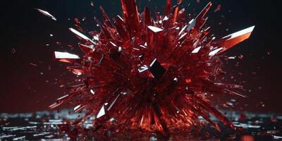 Explosion of red glass and crystal shards Breaking glass falling, futuristic abstracts background reddish glow. photo