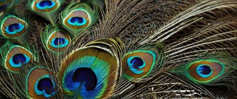 Feathers of tropical peacock bird Macro, close-up view Beautiful animals color accuracy of nature. photo