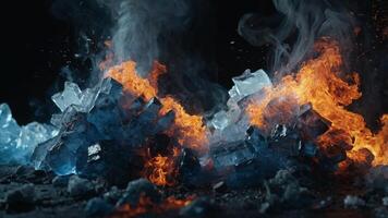Fire and ice concept Good and evil Hot and cold Exploding fire Exploding ice Smoke with ashes. photo