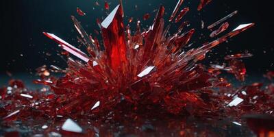 Explosion of red glass and crystal shards Breaking glass falling, futuristic abstracts background reddish glow. photo