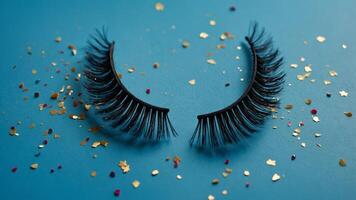 False eyelashes with tears made of confetti on blue background Flat lay, top view. photo