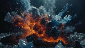 Fire and ice concept Good and evil Hot and cold Exploding fire Exploding ice Smoke with ashes. photo