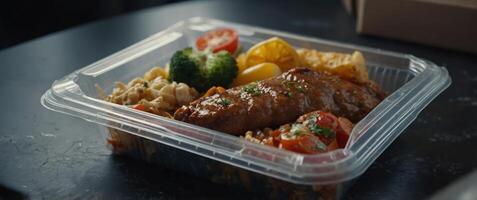 Food delivery ready to be taken away, all served in disposable plastic packaging, some with tin foild over the top. photo