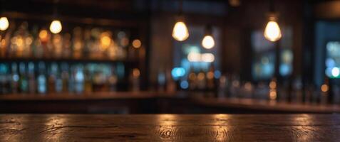 Empty wooden table and blurred background of bar with bokeh lights. photo