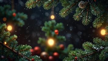 Festive christmas background with spruce branches, snowflakes frame, and text space. photo