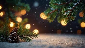 Festive christmas background with spruce branches, snowflakes frame, and text space. photo