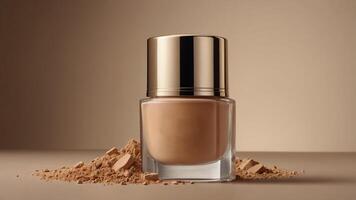 Foundation texture on beige background with copyspace Background for cosmetics products. photo