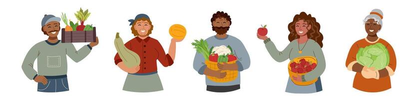 Set of people with harvest in flat style isolated on white. Harvest, autumn, Thanksgiving concept. vector