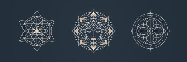 Abstract Sacred Geometry Logotype Collection. Mystical Geometric Patterns Featuring Mandalas, Hexagons, and Triangles in Minimalistic Line Art for Spiritual and Esoteric Designs vector