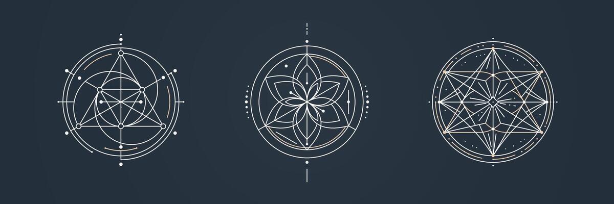 Set of sacred geometry logo featuring intricate thin lines. Floral and star shape. Mystical aesthetic. illustration for logo, tattoo, print design