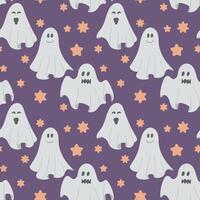 Seamless pattern with hand drawn cute ghosts and stars in flat style. Funny textile or wrapping design of characters with different face expressions. vector