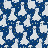 Seamless pattern with cute ghosts and stars in flat hand drawn style on blue background. Funny textile or wrapping design of characters with different face expressions. vector